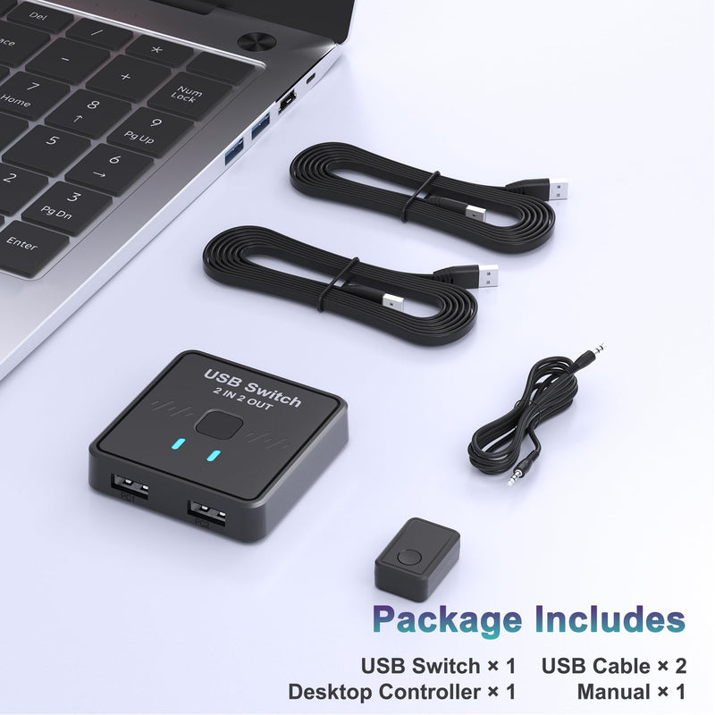USB Switch 2 in 2 Out, USB Switcher 2 Computers Sharing Keyboard and Mouse | 2 USB 2.0 cables, External controller, Printer Splitter for 2 Computers