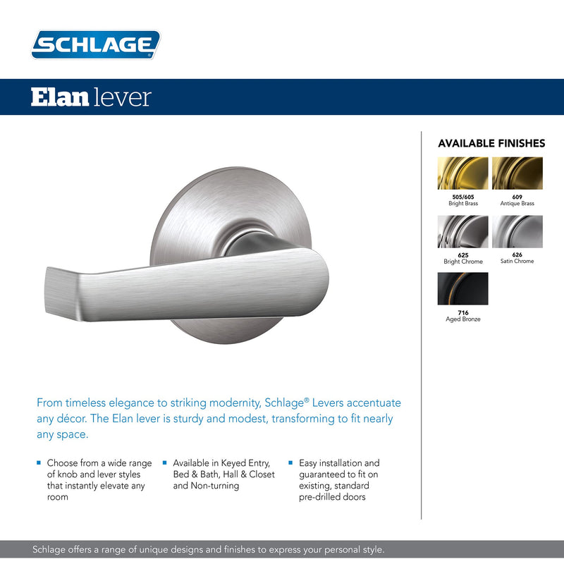 Schlage F170 ELA 626 Elan Door Lever, One Sided Non-Turning Dummy Door Handle, Satin Chrome Brushed Chrome