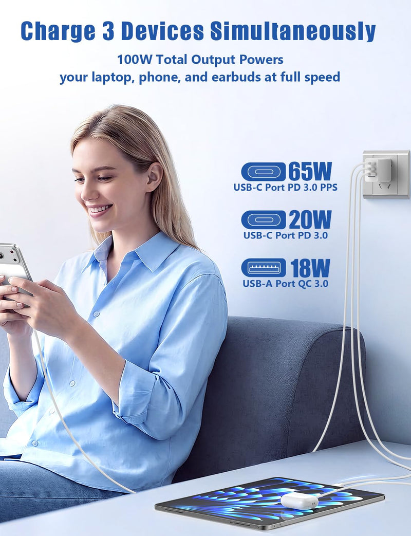 Susnwere 85W C Wall Charger Block for iPhone 17/16/15 Pro Max, 3port 100W USB C Fast Wall Charger Adapter Plug and 4Pack 6/6/10/10FT Long USBC Quick Charge Cable Cord for iPhone/ipad/MacBook Pro/Air (6+6+10+10)ft White