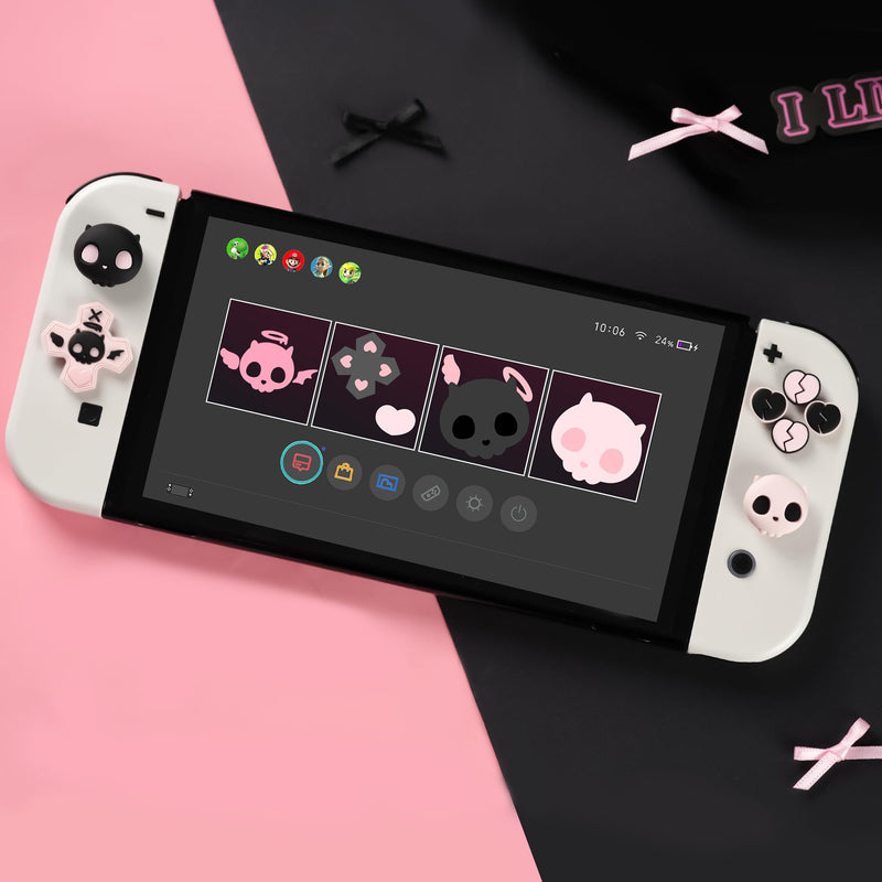 GeekShare Silicone Cross D-Pad Button Caps Set Joystick Cover - Cute ABXY Key Buttons Sticker Compatible with Nintendo Switch/OLED Joy Con - Sweetheart Skull