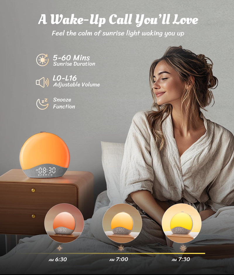 ecozy Sunrise Alarm Clock, White Noise Sound Machine, Alarm Clock for Bedrooms, 26 Soothing Sounds, 17 Night Lights, Bluetooth Speaker, Sunrise Wake-Up Light for Heavy Sleepers, Adults, Kids Grey & White