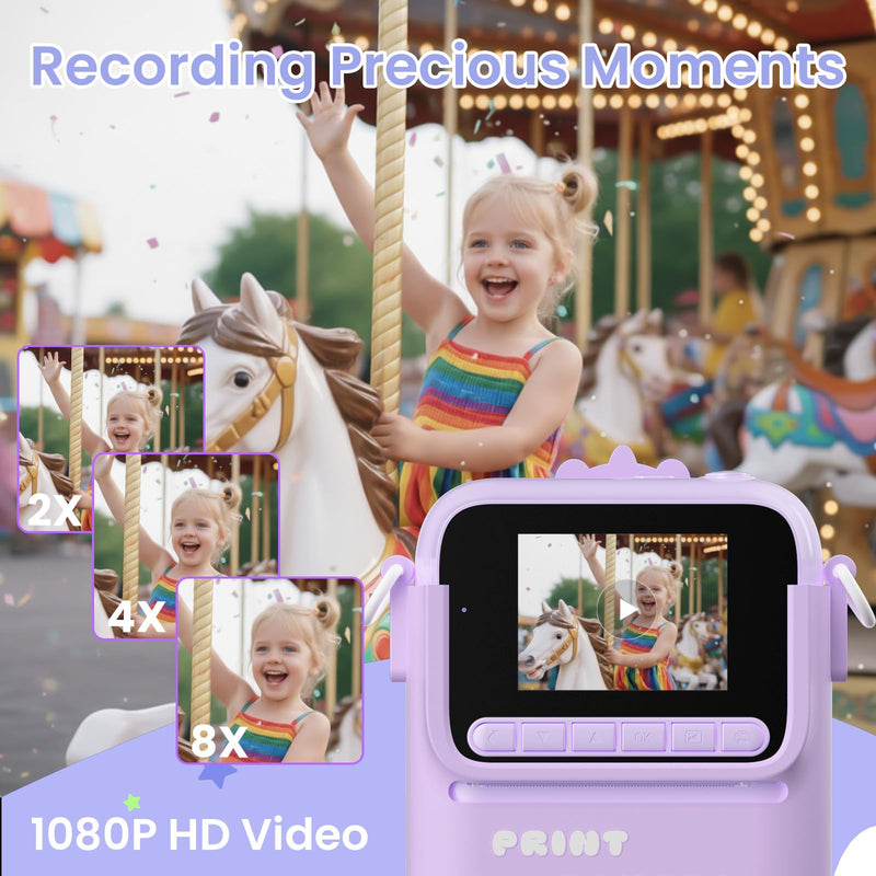 Kids Camera Instant Print, 3 4 5 6 7 8 9 10 11 Year Old Girl Birthday Gift | 1080P HD Video Digital Instant Camera for Kids with Silicone Cover & 5 Rolls of Printer Paper (Purple) Purple