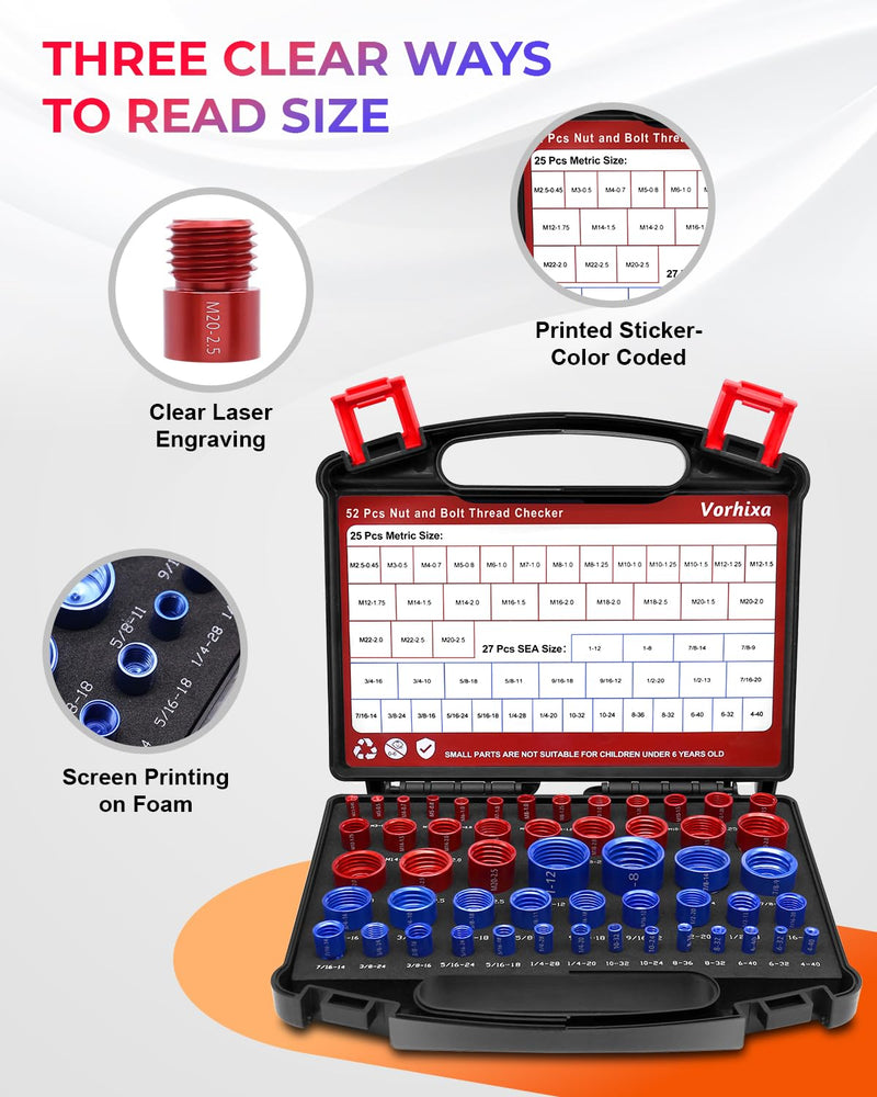 52pcs Thread Checker, 27 SAE & 25 Metric Nut and Bolt Thread Checker, Thread Gauge, Bolt Size Finder Kit for Size Check in Tricky and Narrow Areas 52