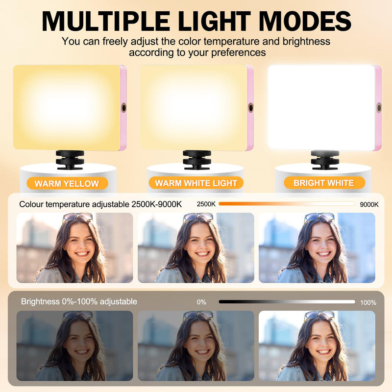 120 LED Selfie Light for iPhone, Portable Phone Light with Clip & Camera Tripod Adapter - 5000mAh Rechargeable, 3 Lighting Modes, CRI 97+ for Video Recording, TikTok, Tripod Mount Rings Pink