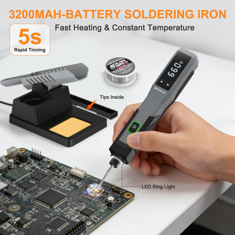 Soldering Iron Kit Cordless 5s Heating 14-in-1 Portable Soldering Iron with LED Display 392-932℉, Auto Sleep, Electric USB Rechargeable Wireless Welding Tool for Precision Repair DIY Grey