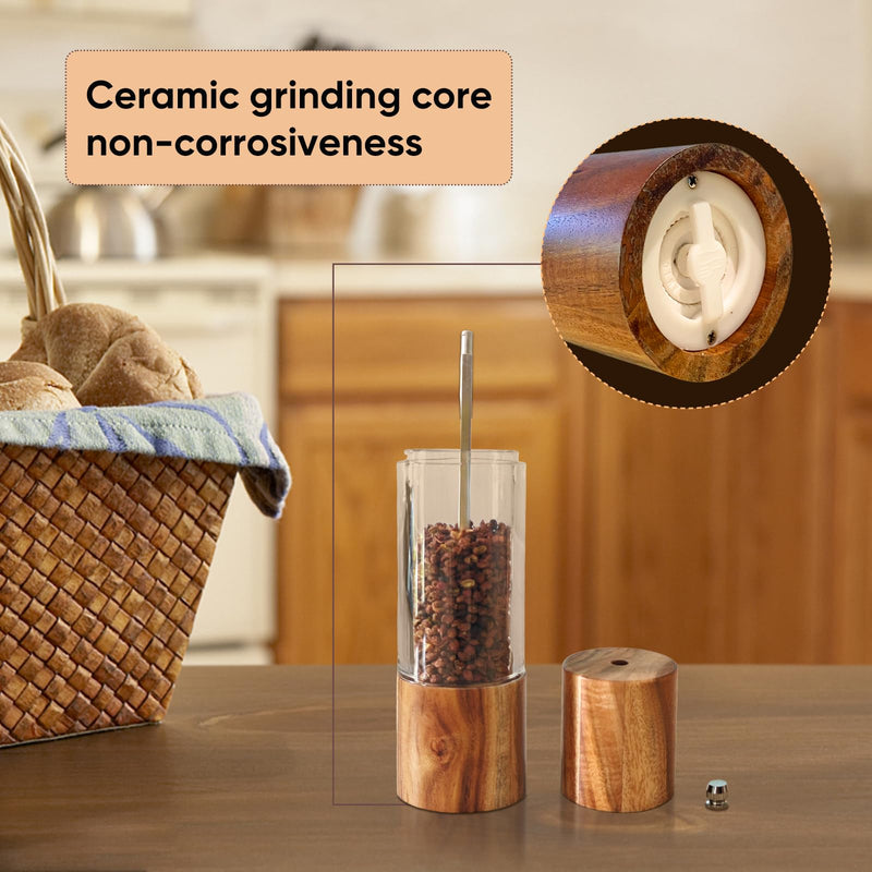 Acrylic Salt and Pepper Grinder Set With Wooden Tray, Manual Salt and Pepper Mills,Wooden Pepper Grinder with Adjustable Ceramic Core,8 Inches,Pack of 2 Acrylic wood 8 inch