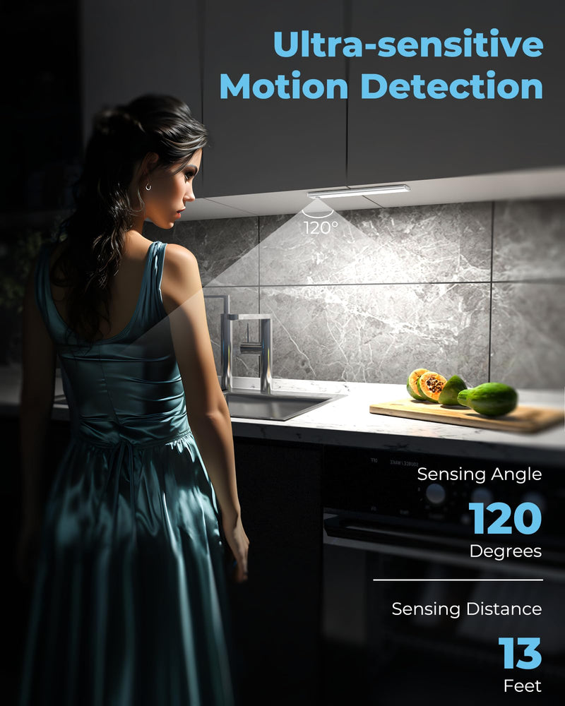 ASOKO Under Cabinet Lights Motion Sensor Light Indoor 2500mAh Rechargeable LED Closet Lights Battery Operated Under Counter Lights for Kitchen Cabinet Lighting Wireless(White,3Pack-12inch) Silver-White Light 3 Pack-12inch