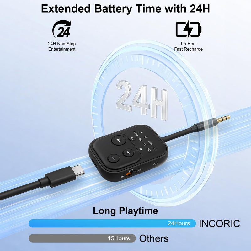 Bluetooth 6.0 Audio Transmitter Receiver, Airplane Bluetooth Adapter for TV | Dual Link for 2 Headphones, Qualcomm aptX LL, HD, 3.5mm AUX Audio Transmitter for Flight Trave, Gym, Low Latency, Black