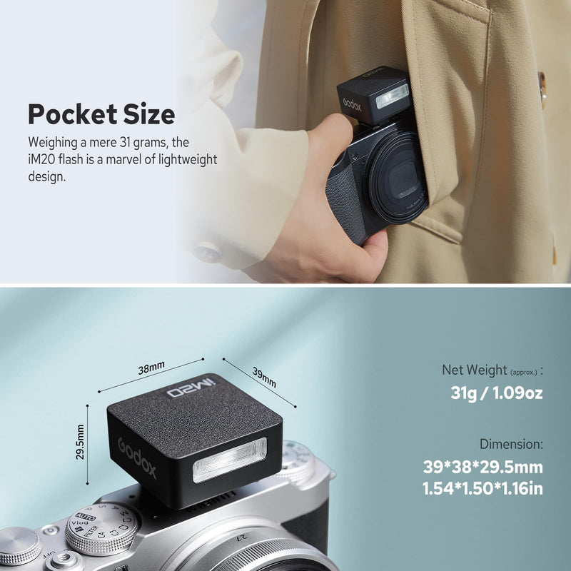 Godox iM20 Compact Mini Camera Flash Hot Shoe | 440 Full-Power, GN10, 5 Adjustable Power Levels, Hot-Shoe Mount, 3s Recycle Time, Compatible with Sony Canon Nikon Fuji