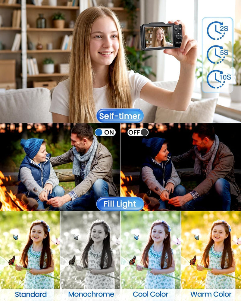 Digital Camera 4K for Kids-48MP Autofocus Vlogging Camera with 32GB Card, 16X Zoom, Anti-Shake, Compact Point and Shoot Camera for Teens Beginners, Birthday Gift Black