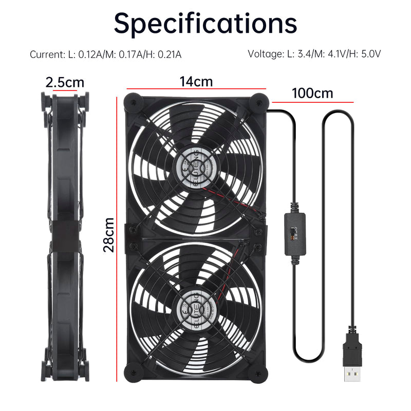 ELUTENG Dual AC USB Computer Fan 140mm USB Fans for Cooling 3 Speed Control | 12V Computer Fan with AC Plug for Laptop Receiver DVR PlayStation Xbox Desk Computer Cabinet Cooling