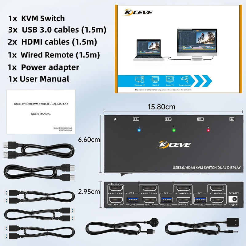 HDMI KVM Switch 2 Monitor 3 Computers, Reyoten Support 4K@60Hz USB 3.0 KVM Switches Share 2 Monitors and 4 USB 3.0 Ports, Support Extended/Copy Mode, with DC 12V Adapter