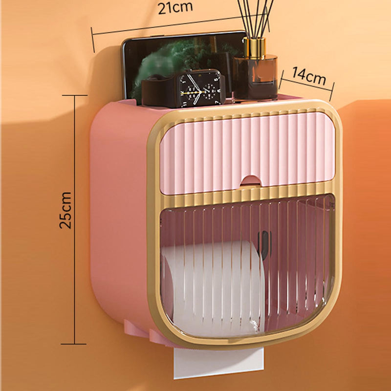 Toilet Paper Holder, Waterproof Wall Mounted Bathroom Tissue Holder Dispenser Roll Paper Towel Holder with Storage Space Shelves and Storage Boxes (Pink) Pink