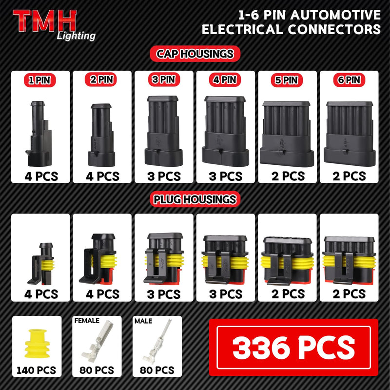 TMH 336 Pcs 1/2/3/4/5/6 Pin Electrical Connector Kit 22-16 AWG, Automotive Electrical Wire Terminal Connectors Male&Female Pin Automotive for Car Truck Motorcycle Marine Boat 1/2/3/4/5/6 Pin (336 Pcs)