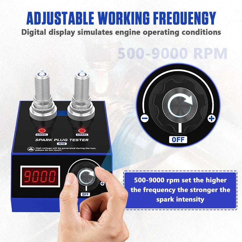 BELEY Spark Plug Tester Automotive Engine Ignition Coil Tester Dual Holes 500-9000rpm Working Frequency with LCD Display,110V/220V Car Spark Plugs Tester Tool for 12V Gasoline Vehicle. H90