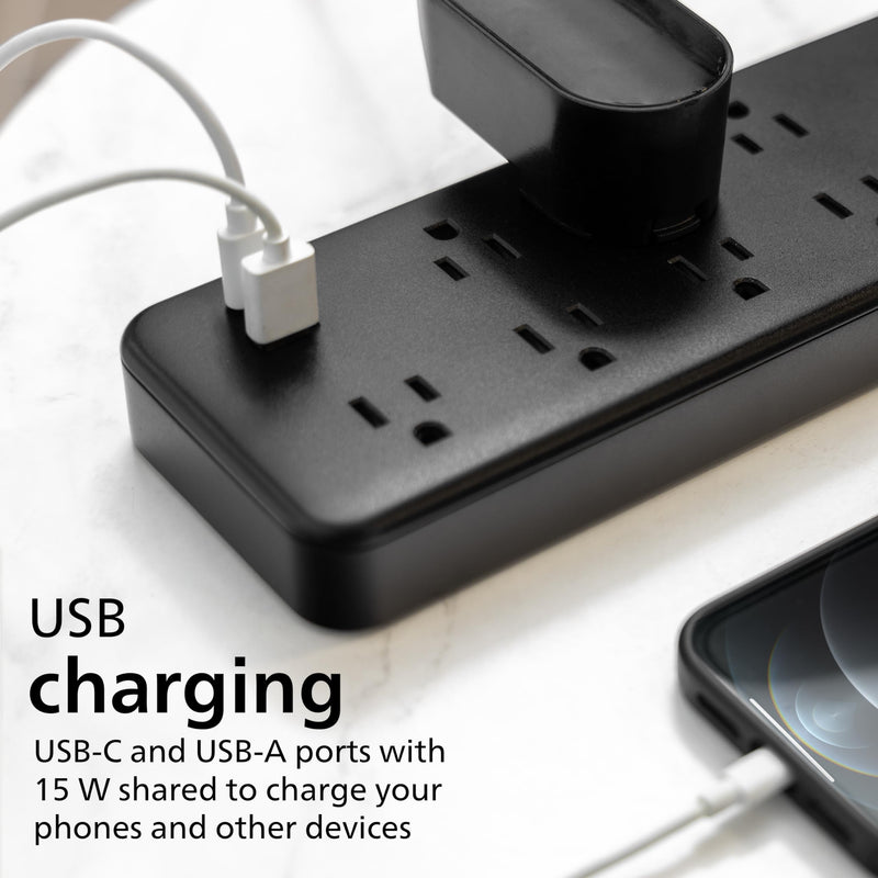 Philips 7-Outlet Surge Protector, 6 Ft Braided Extension Cord, Adapter-Spaced, 1 USB-A, 1 USB-C, 15W, 1500J, Black, SPP3703B/37