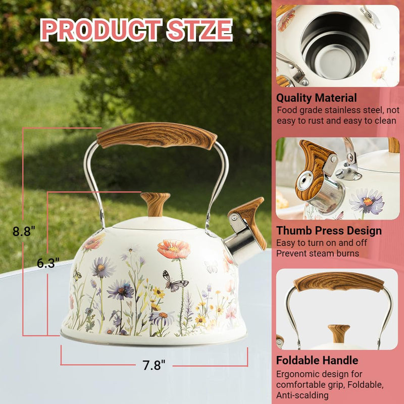 Tea Kettle for Stove Top, 2.7 Quart Whistling Kettle with Floral Pattern for Boiling Water Coffee or Milk, Stainless Steel Tea Pots with Wood Pattern Folding Handle, Work for All Stovetops White and Purple