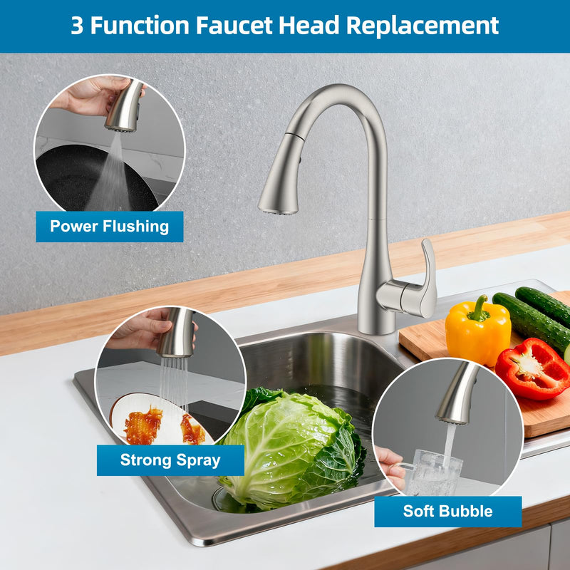 Curve Kitchen Faucet Head Replacement Compatible with Kohler, Included 14 Adapter Kit for Universal Fit Use, Brushed Nickel, 3 Function Pull Down Sink Faucet Spray Head Curve Design