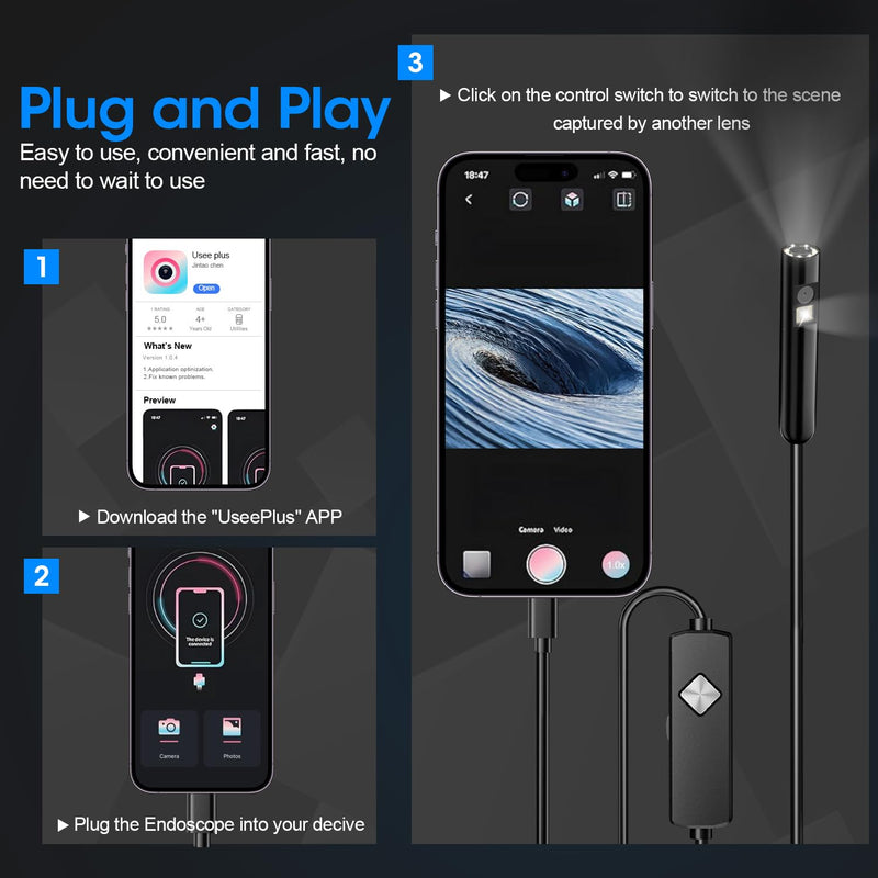 Endoscope with Light, 1920P HD Borescope with 8 Adjustable LED Lights, Semi-Rigid Snake Camera, IP67 Waterproof Inspection Tool for iPhone & Android - 16.4FT-Dual Lens (Black) Black