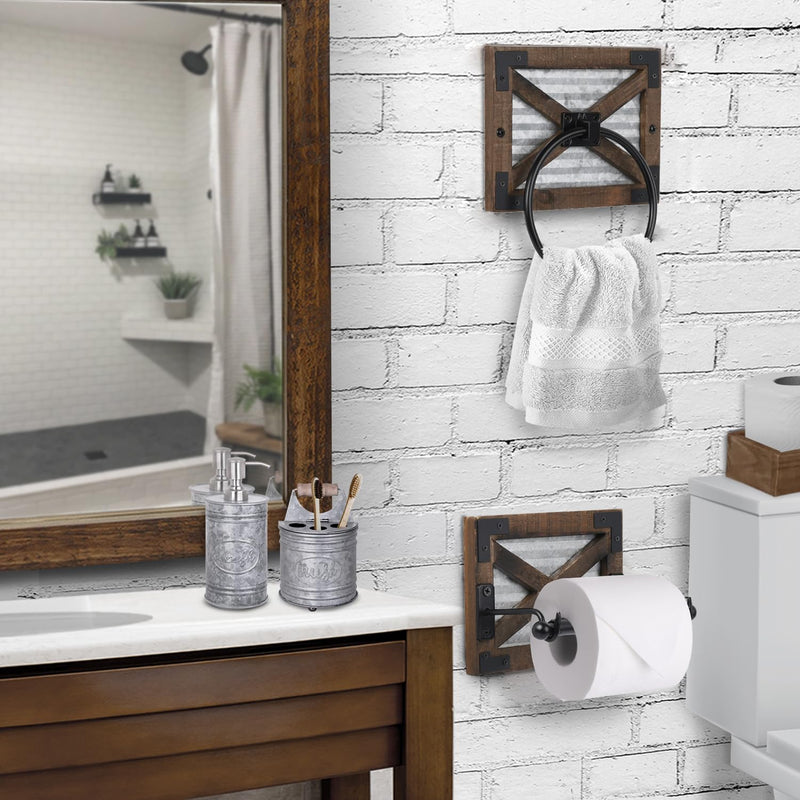 Autumn Alley Rustic Farmhouse Toilet Paper Holder and Towel Ring Rack Set, Wall Mount Farmhouse Wooden Toilet Paper Holder and Bathroom Hand Towel Holder- Farmhouse Bathroom Accessories Set