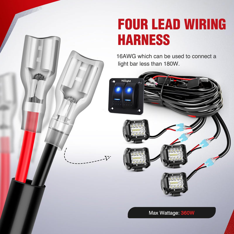 Nilight 16AWG LED Light Bar Wiring Harness Kit 12V On/Off 2 Gang Rocker Switch Panel Power Relay Blade Fuse 5Pin Toggle Switches for Cars Boat ATV Trucks-4 Leads 2Gang Rocker Switch 16AWG Wiring Harness