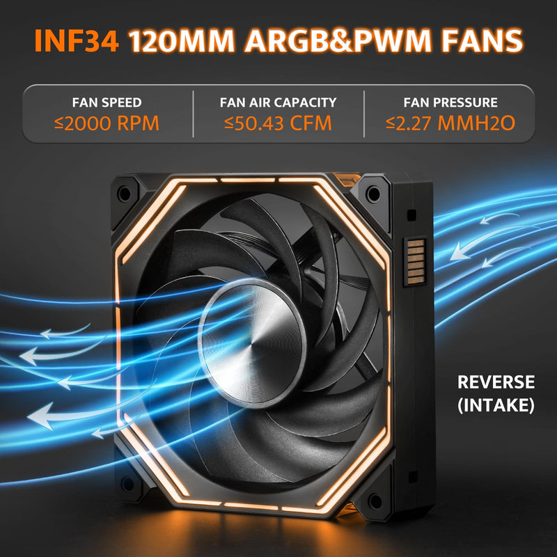 darkFlash INF34 120MM PC Case Fan, Daisy-Chain, up to 2000RPM Cooling, 4-Pin PWM, ARGB CPU Cooling Computer Fan, 3 Pack (Reversed, Black) Reverse