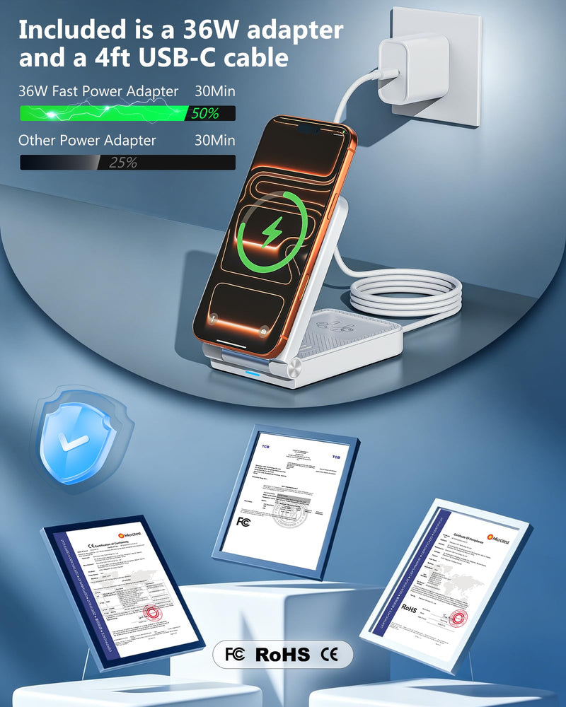 25W 3 in 1 Charging Station,Foldable MagSafe Fast Magnetic Wireless Charger | For Apple Multiple Devices, Travel Charger Stand for iPhone 17 16 15 14 13 12 Series/Watch 11-8/AirPods 4/3/2/Pro