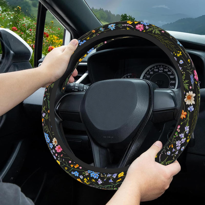 Wildflower Car Steering Wheel Cover, Flower Car Accessory for Diverse Cars, Cute Floral Print Steering Wheel Cover Protector for Women, for Steering Wheel with a Diameter of 14.5"-15" (Wildflower) Wildflower