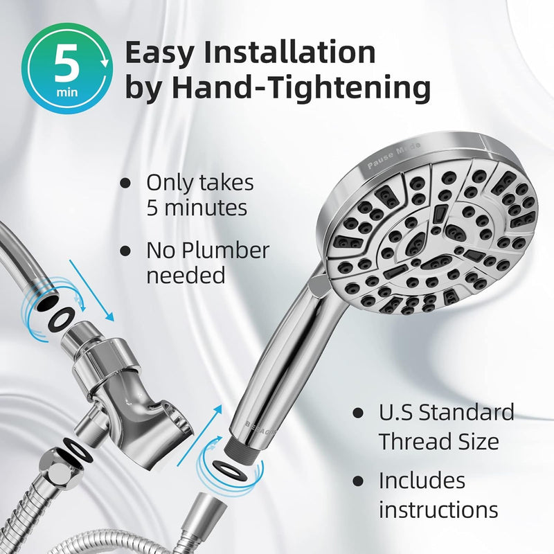 BESAQUO Shower Head, 9 Settings High Pressure shower head with handheld, Built-in Pause Mode & Power Wash, Non-Clogging Nozzles, 6ft Hose,Bracket(Premium Chrome, 14591)