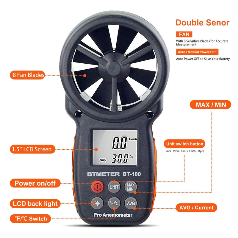  [AUSTRALIA] - BTMETER BT-100 Handheld Anemometer, Digital Wind Speed CFM Meter Gauge Air Flow Velocity Tester for HVAC Shooting Drone, Wind Chill, 14℉-113℉ Wind Temperature BT-100 Anemometer