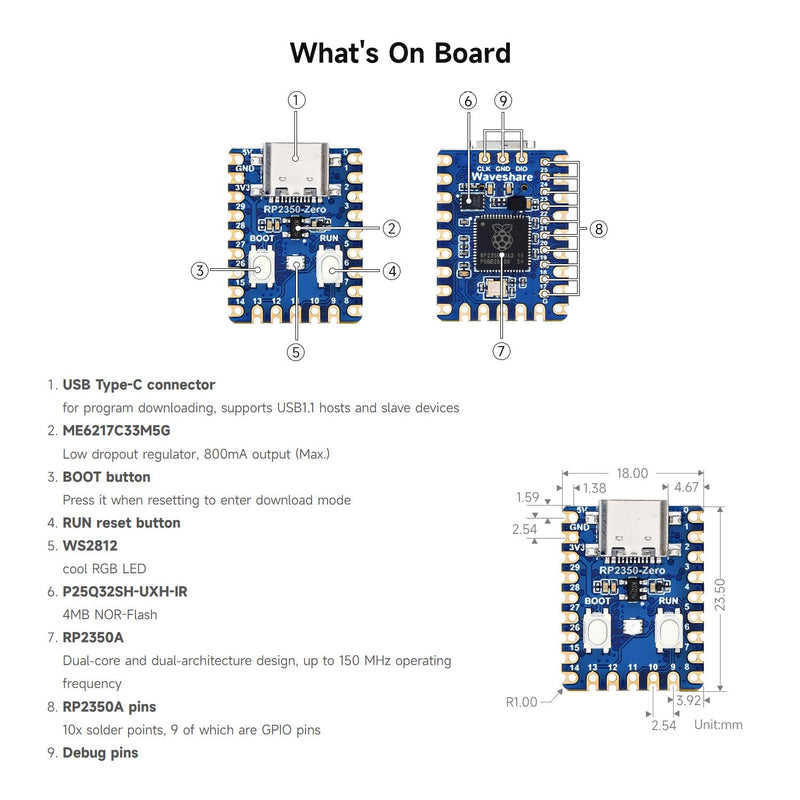 Waveshare 10PCS RP2350-Zero Mini Development Board, Raspberry Pi Microcontroller Development Board, Based On Raspberry Pi Dual-core & Dual-Architecture Microcontroller