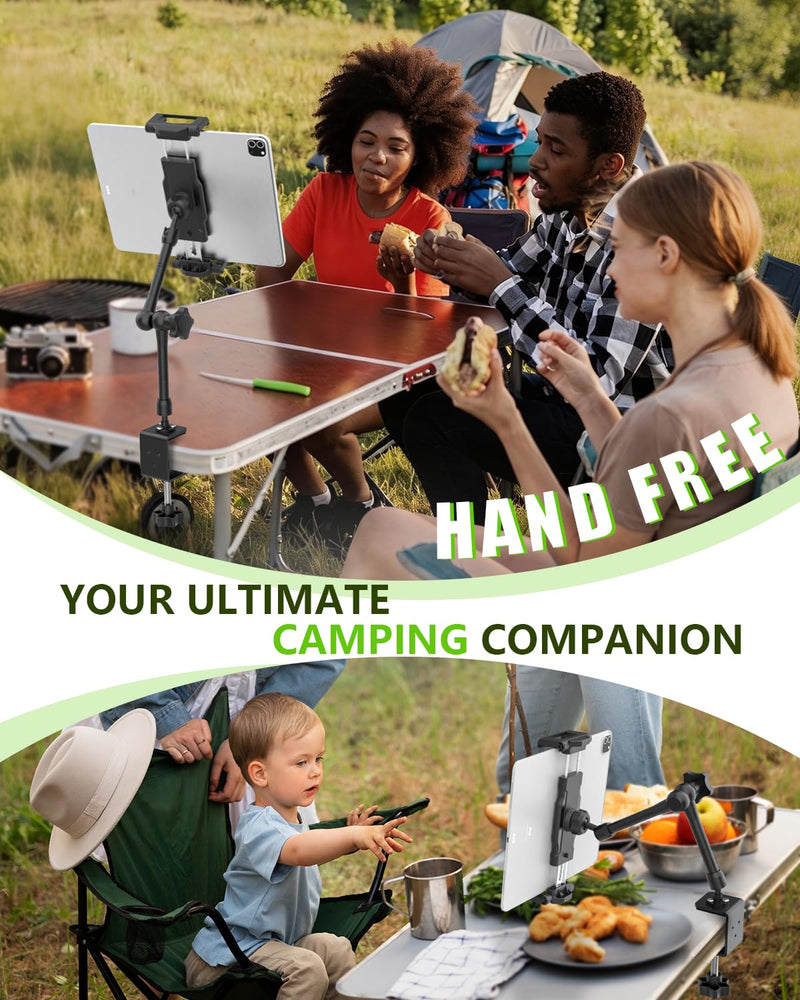 Camping Tablet Holder, Adjustable Clip-on Stand for RV & Picnic | C-clamp fits 2.36" surfaces, 360° rotatable, tool-free installation, compatible with 6–15.6" phones & tablets