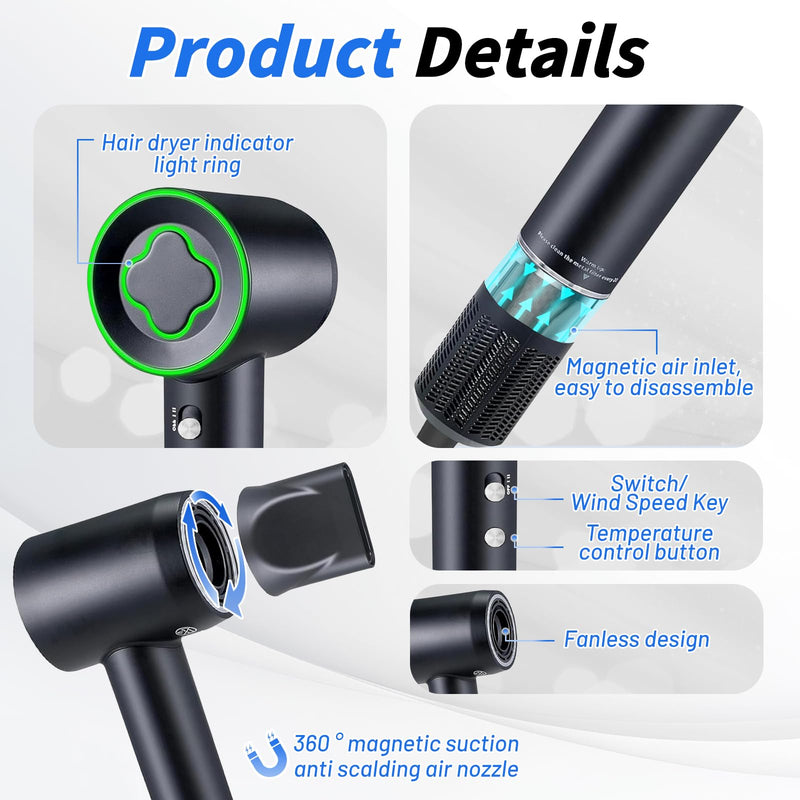High-Speed Hair Dryer, 1600W Ionic Blow Dryer with 110,000 RPM Brushless Motor, 22m/s Fast Drying with 3 Heat Settings & Cool Shot LED 59dB Quiet Home Travel Salon Use Black