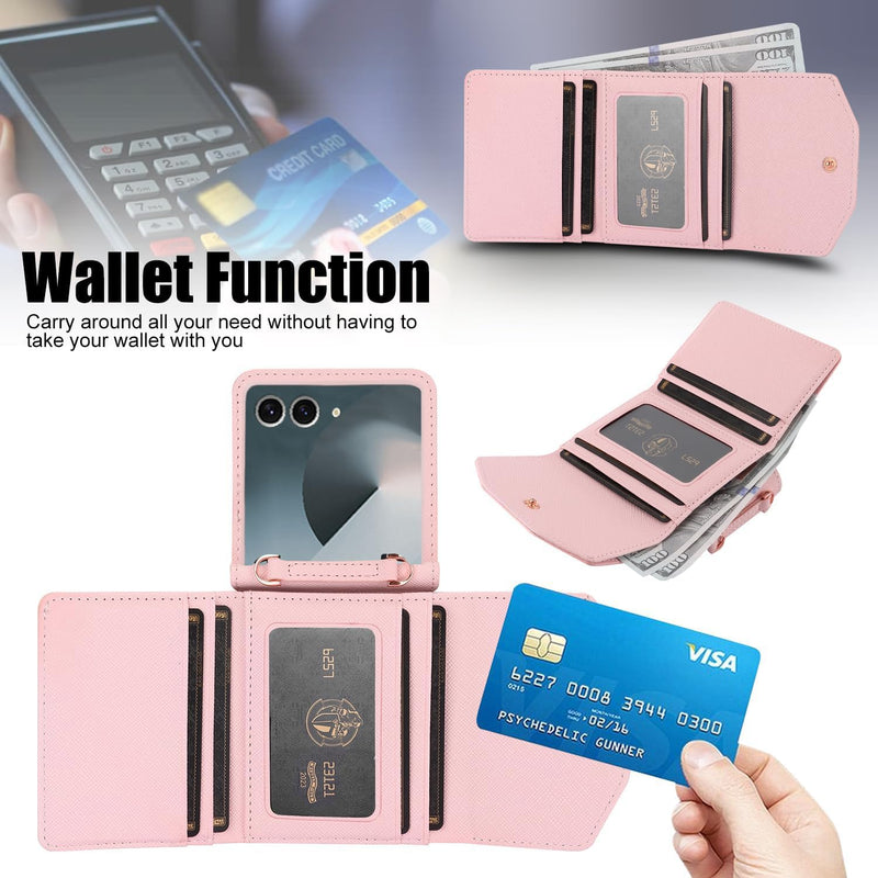 for Samsung Galaxy Z Flip 8 Wallet Case with Built-in Leather Cash Slot and Credit Card Holder. Wristlet Strap and Hinge Protection, Carrying Handbag Phone Case for Women Ladies.(Pink) Pink