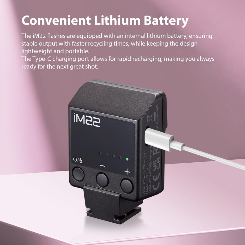 Godox iM22 Mini Camera Flash On-Camera Flash Speedlite 5 Power Levels 3s Recycle Time 440 Full Power Flashes with Type-C Charging Battery Replacement for Canon Nikon Sony Mirrorless Cameras