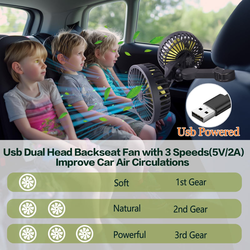Car Backseat Fan for Backseat Kids, Dual Head Usb Car Fan for Car Back Seats Kids（Usb Powered 5V/2A） Dual Head Backseat