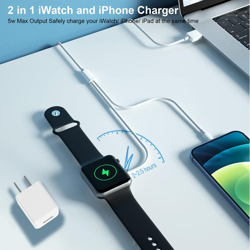 [Apple Certified] 2 in 1 iPhone and Watch Charger 6.6 FT Magnetic iWatch Charging Cable with USB Wall Charger Travel Plug Charger for Apple Watch Series 9/8/7/6/SE/5/4/3/2/1,iPhone 14/13/12/11/Pro/Max 6FT