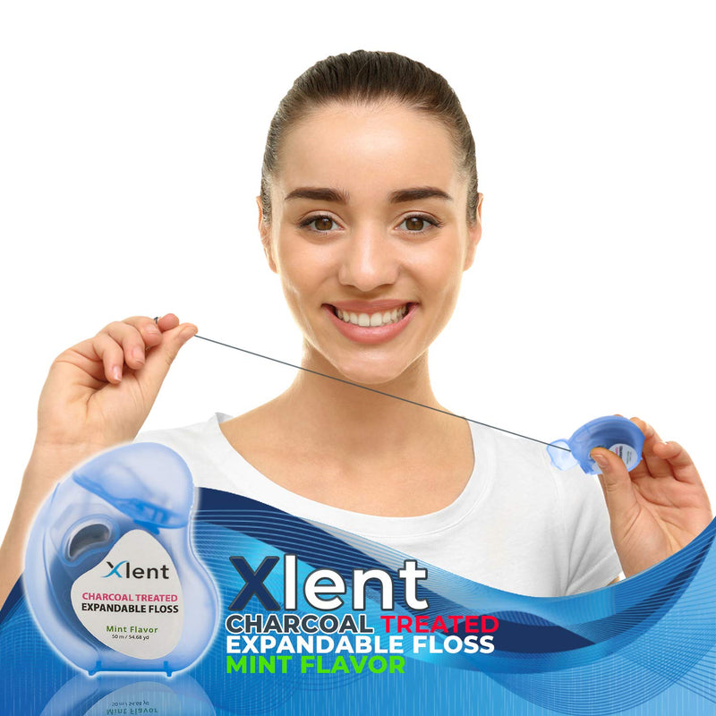 Expandable Floss Treated with Activated Charcoal with Xylitol and Natural Plant Based Wax |Fresh Mint Flavor | 50 Meter (6 Count) 164.04 Foot (Pack of 6)