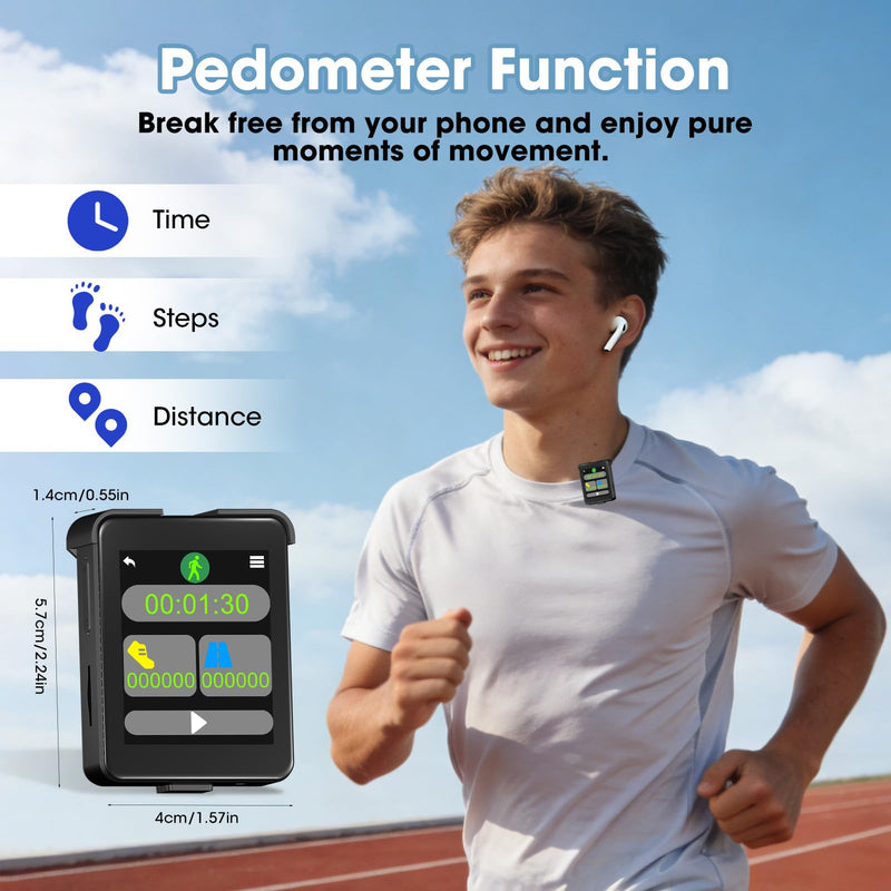 Bluetooth 5.3 Mini MP3 Player, 1.8" Touchscreen Portable Tiny Music Player with Speaker, FM Radio, Voice Recorder, Pedometer, Detachable Sports Clip with Earphones, 8GB Expandable up to 128GB, Black 8.0 GB