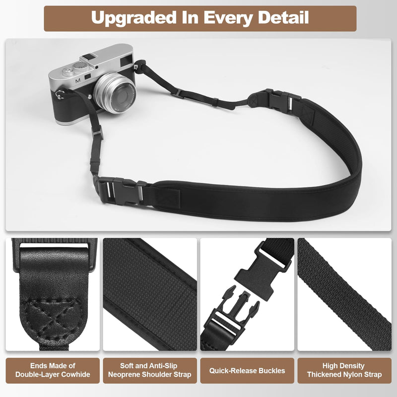 YFWE Adjustable Camera Neck Strap, Soft Neoprene Shoulder Belt with 4 Connection Ways, Anti-Slip Camera Strap for DSLR, Mirrorless & Camcorder, Travel & Outdoor Photography Gear Black