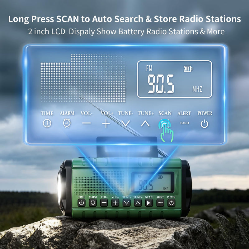 10000mAh/37000mWh Emergency Radio-Weather Radio Portable AM FM Auto Scan with Solar Panel/Hand Crank/AC Input Rechargeable Battery with Flashlight Reading Lamp SOS Siren for Indoor/Outdoor Emergency Green