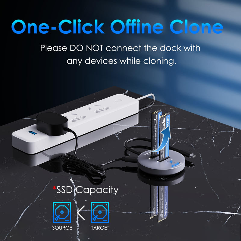 WAVLINK M.2 NVMe SSD Cloner Dock, 10Gbps Dual-Bay NVMe to USB-C/A Enclosure, Supports Offline Clone, UASP, Design for M-Key or M+B Key SSDs in Size 2230/2242/2260/2280/22110, SSD Not Include