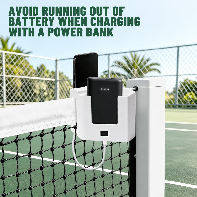 Tennis Net Phone Holder - Portable Camera Mount with Charging Port Cutout for Net & Fence - Dual Holders for Pickleball Badminton
