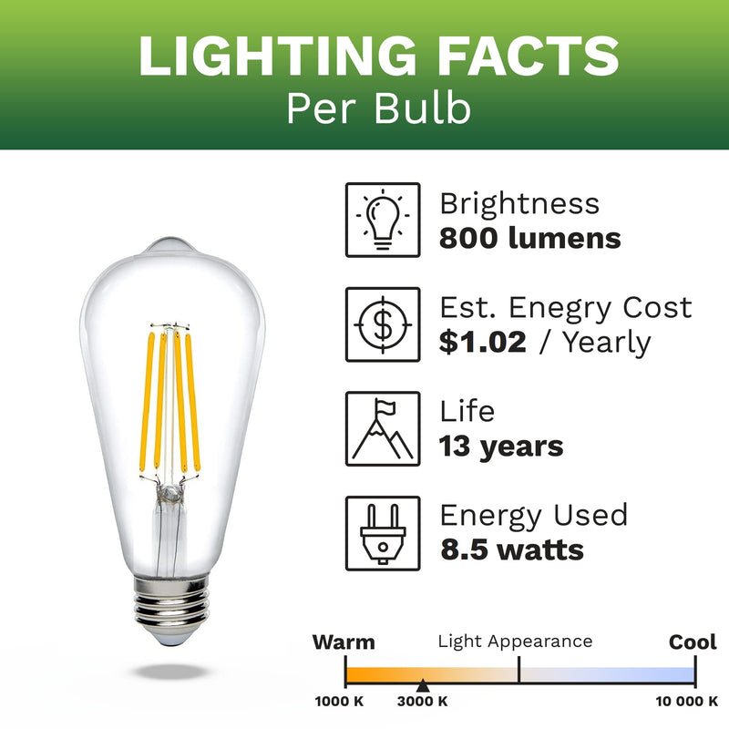 Bioluz Dimmable Edison Light Bulbs - 800 Lumen Soft White 3000K LED Replacement for Incandescent Light Bulbs - 6-Pack Vintage Soft White Light Bulbs for Dimmable Lighting and Soft Lighting 6 Count (Pack of 1)