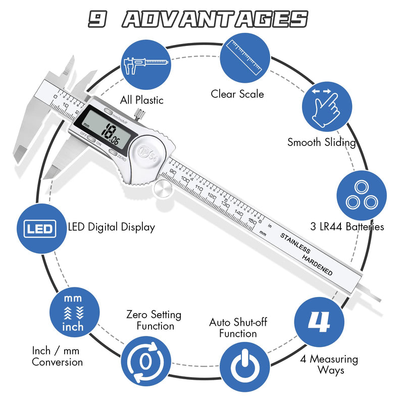 Electronic Digital Calipers, inch and Millimeter Conversion,LCD Screen displays 0-6" Caliper Measuring Tool, Automatic Shutdown, Suitable for DIY/Jewelry Measurement (150mm inch/mm/Fraction) 150mm inch/mm/fraction