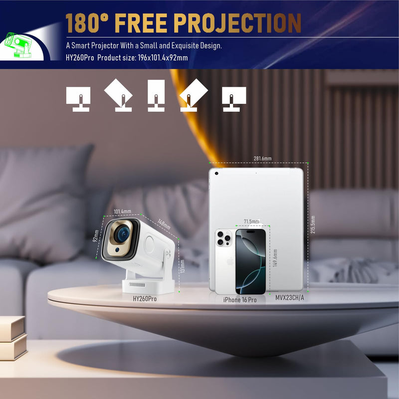 Mini Projector with WiFi and Bluetooth, 4K Full HD 1080P 200ANSI, 180° Rotatable Portable Projector, Auto Focus Movie Projector, Compatible with Smartphone, TV Stick, Laptop, HDMI, USB