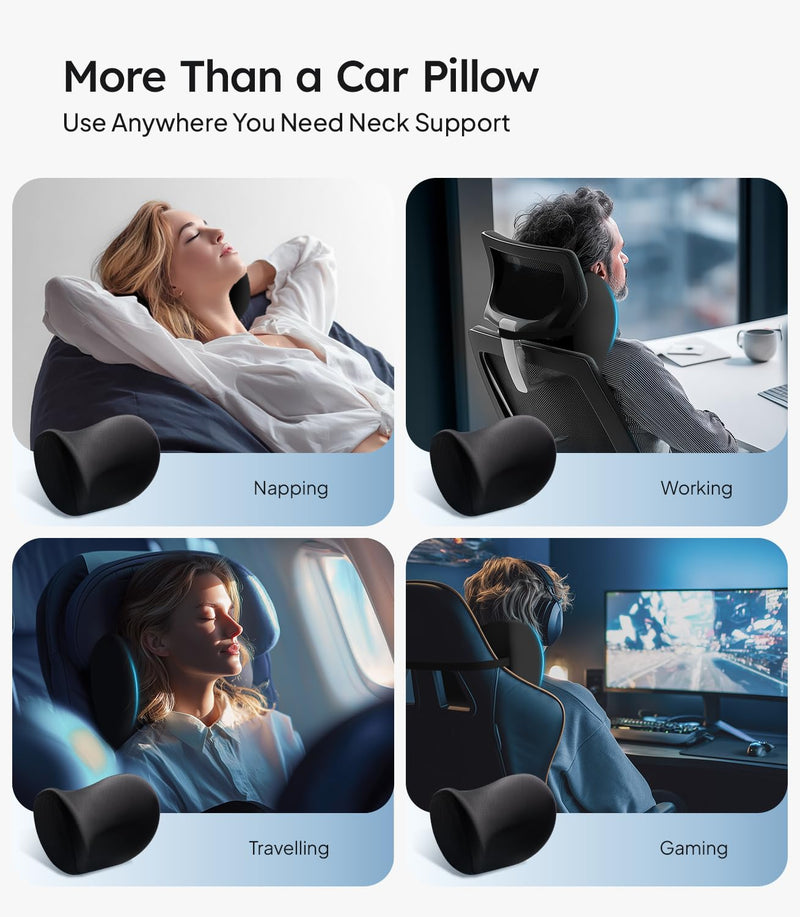 Wigoo 2026 Upgrade Car Neck Pillow [No More Pressure, Odorless] Soft Car Headrest Pillow with Adjustable Strap Removable Cover 100% Memory Foam, Fits All Vehicles (Black 2-Pack) Black