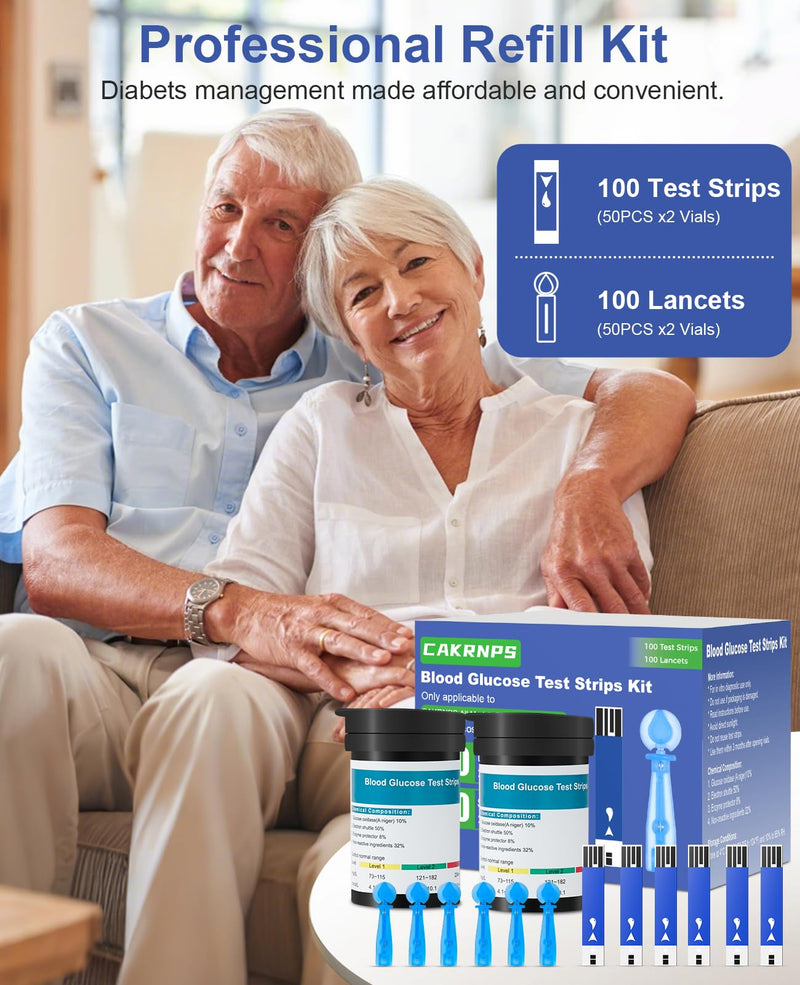 Blood Glucose Test Strips, 100 Count Blood Sugar Test Strips and 100 lancets for Diabetes, Accurate, Auto Code, Compatible with All CAKRNPS Glucometer for Easy Blood Sugar Testing (No Monitor) 100 Strips+100 lancets