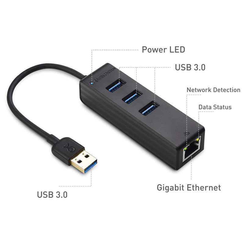 Cable Matters 4-in-1 USB Hub with Ethernet, Support Gigabit Network (USB 3.0 Hub Ethernet) with 10/100/1000Mbps Network, 3X 5Gbps USBA Ports in Black