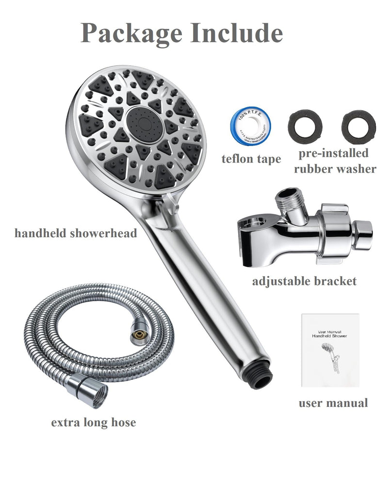 BOWGER Shower Head with Handheld High Pressure Multi-Function 7 modes, Built-in Power Wash to Clear Tub, Tile & Pets, 5” High Flow Hand Held Rain Showerhead with Extra Long Hose and Adjustable Bracket Luxury Chrome Polished